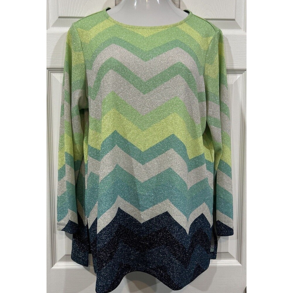 Susan Graver Chevron Ombre Silver Sparkle Green Knit Tunic Sweater XL Petite